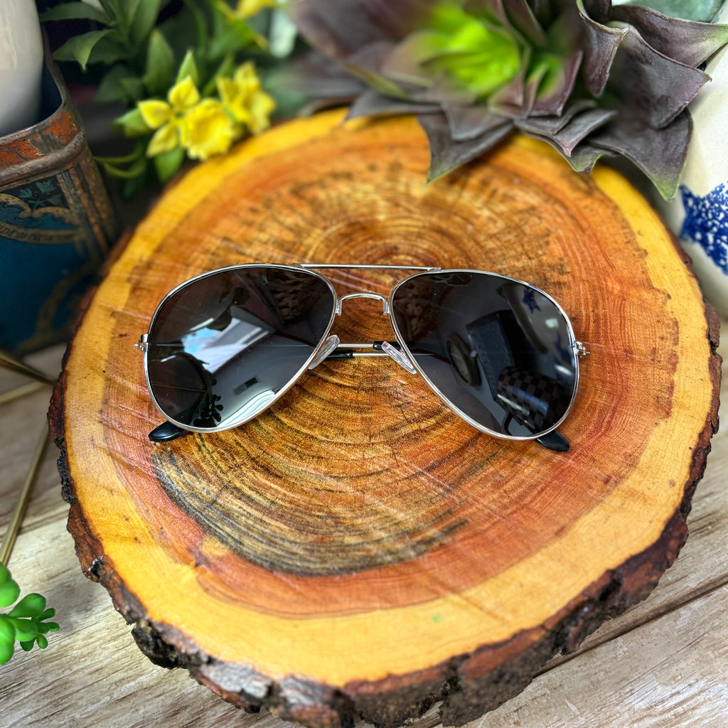 Front side view of aviator sunglasses.