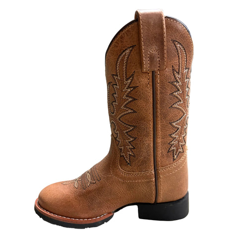 Side view of light brown kids u toe boot. 