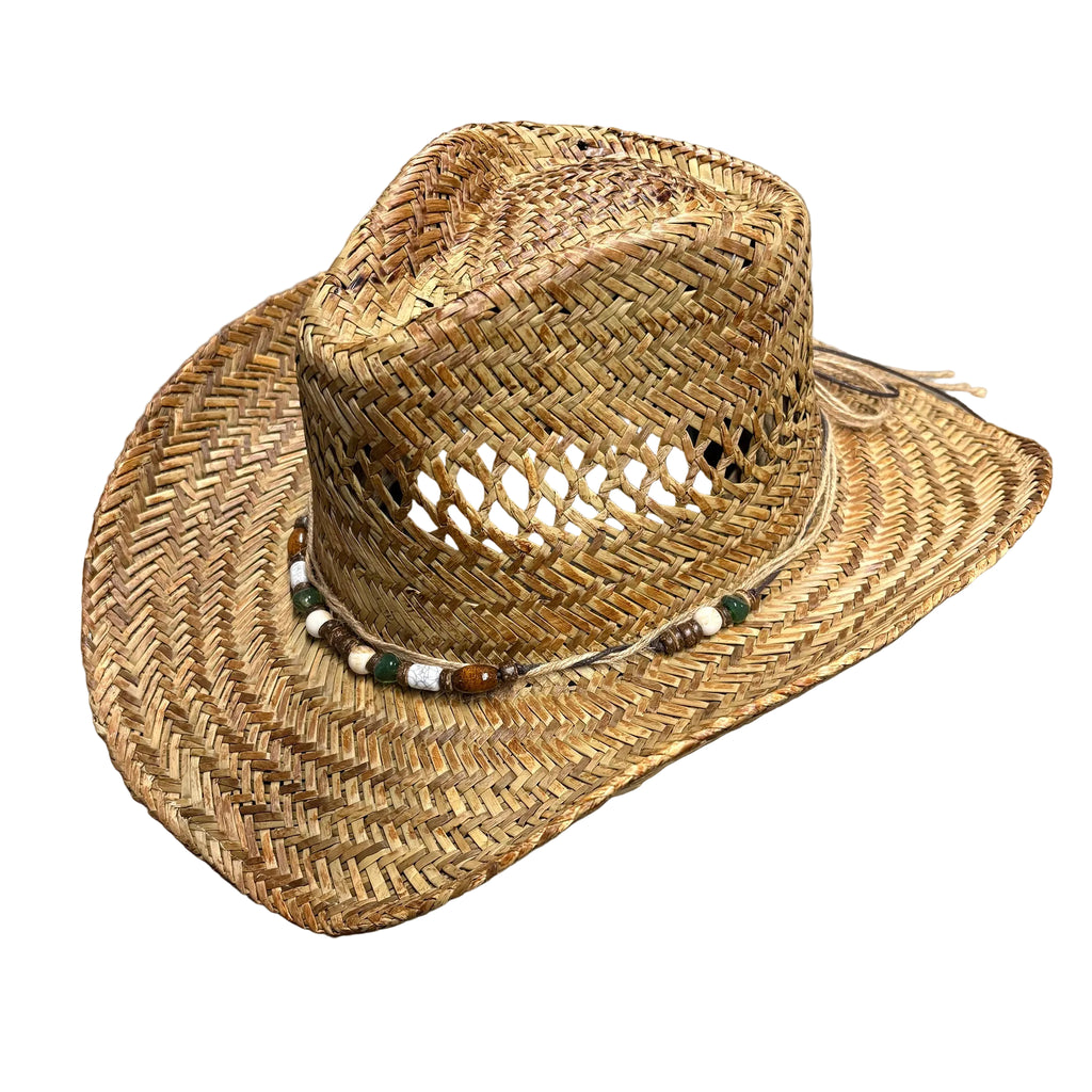 Side and top view of toasted lindu straw hat. 