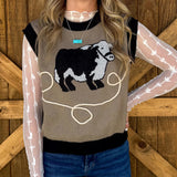 Model wearing the Tan and Black Bull Nettle Sweater Vest, showing the bold bull design and knit texture 
