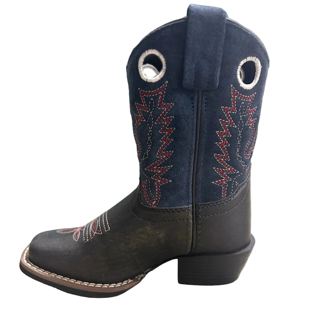 Side view of black and navy boot. 