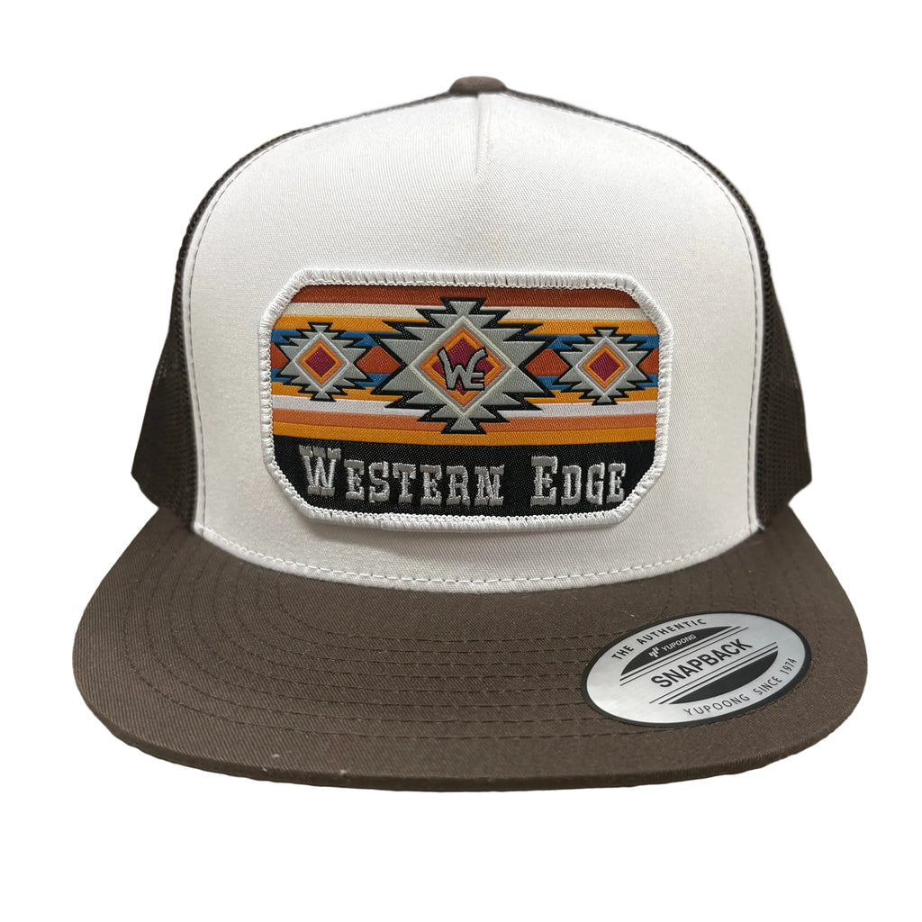 Front side view of brown and white Western Edge cap. 