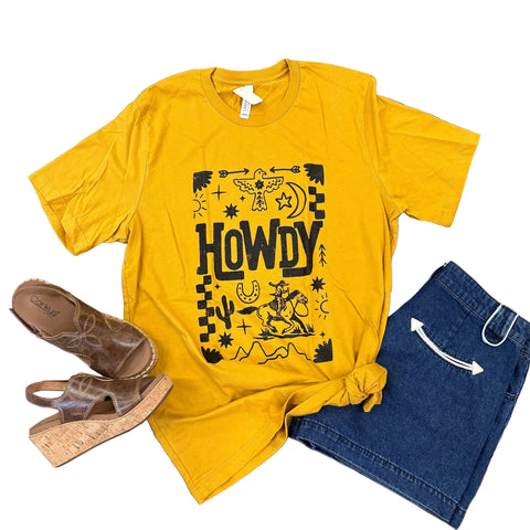 Flat lay of howdy t-shirt with shorts and sandals. 