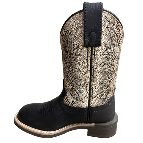 Side view of kids black snake skin boots. 