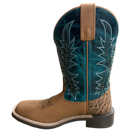 Side view of kids tan and turquoise  boots. 
