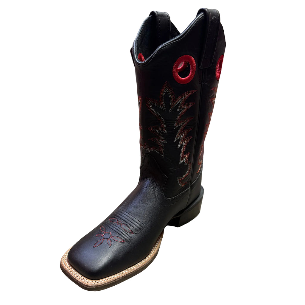 Front and side view of Black Square Toe Boots. 