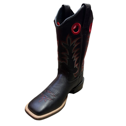 Front and side view of Black Square Toe Boots. 