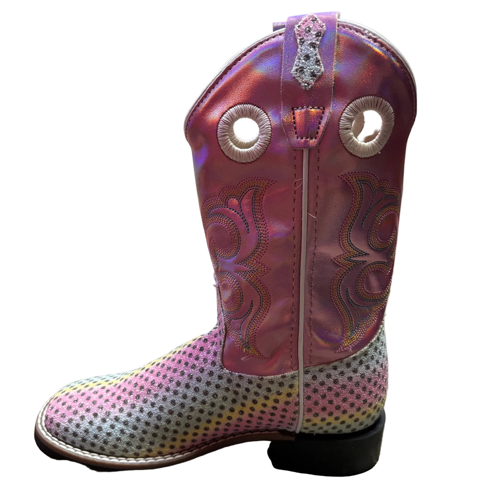 Side view of pink rainbow kids boot. 