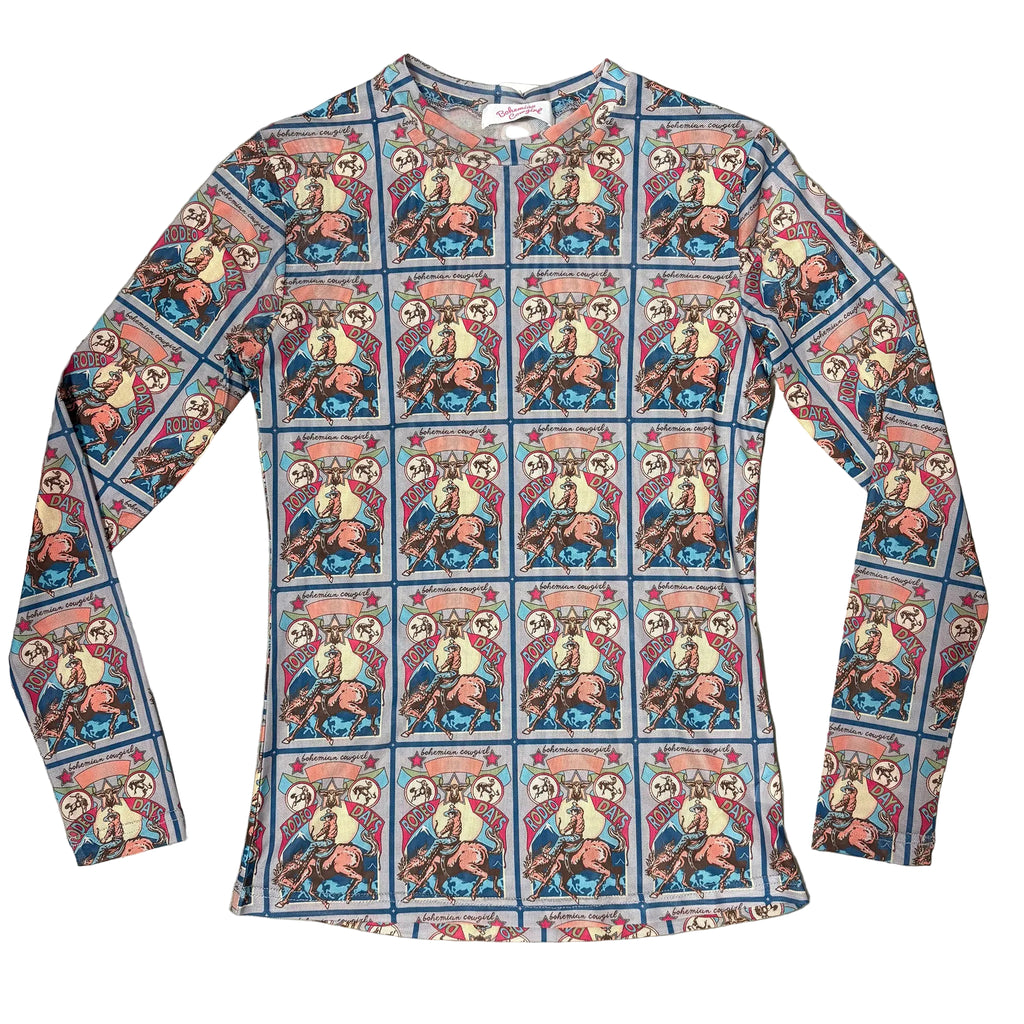 Flat lay of grey multi colored mesh rodeo days long sleeve shirt. 