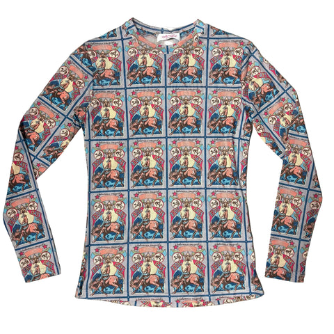 Flat lay of grey multi colored mesh rodeo days long sleeve shirt. 