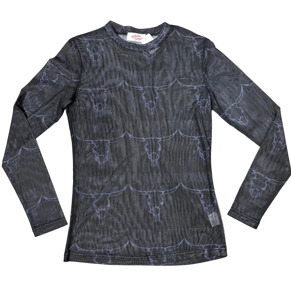 Flat lay of black cowboy killer mesh shirt. 