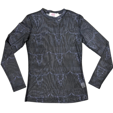 Flat lay of black cowboy killer mesh shirt. 