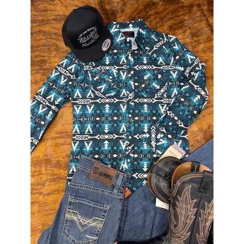 Teal Aztec long sleeve snap shirt laid flat to show full pattern and pearl snap front with Jeans, boots and cap.

