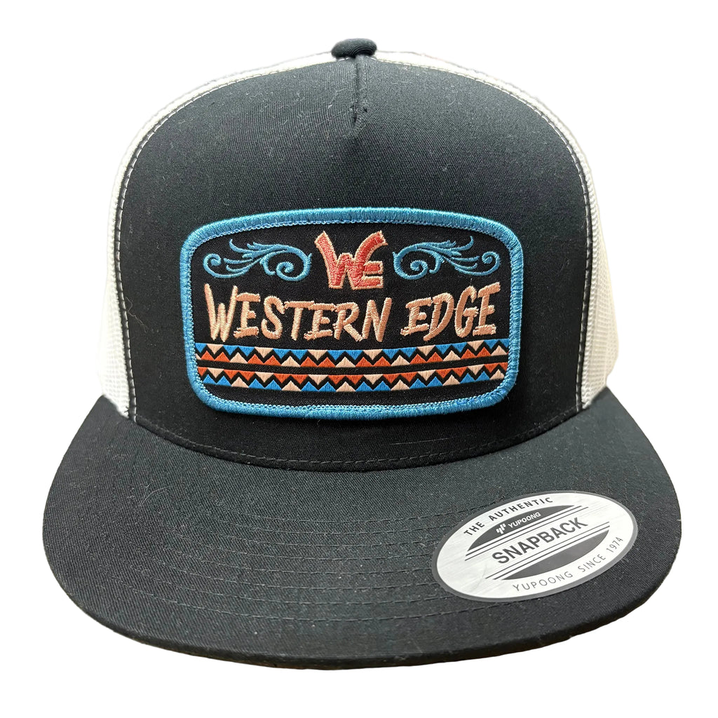 Front side view of black and white western edge cap.