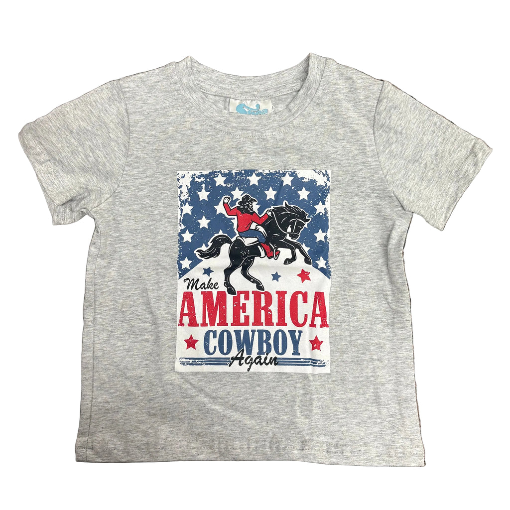 Front side view of flay lay grey Make American Cowboy Again t-shirt. 