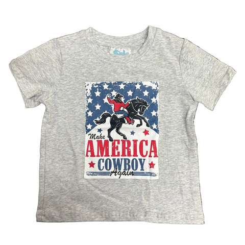 Front side view of flay lay grey Make American Cowboy Again t-shirt. 
