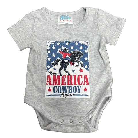 Front side flat lay view of grey Make America Cowboy Again Onesie.