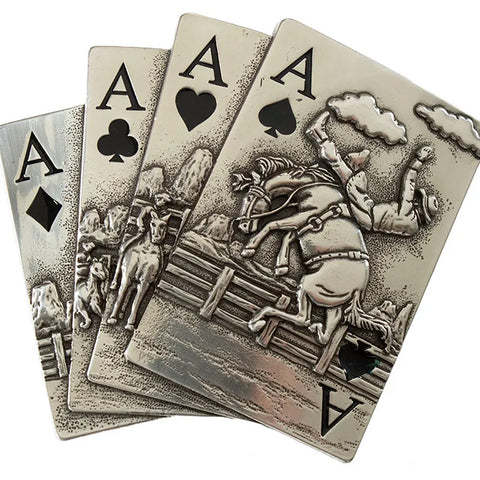 Blazin Roxx Ladies Buckle with engraved four ace cards and raised bronco cowboy motif on white background.