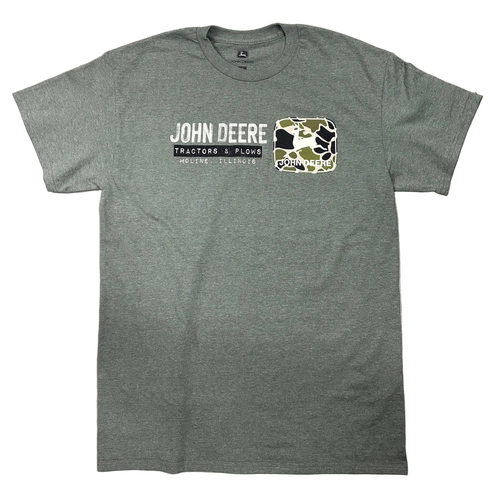 Flat lay of the front side of the olive green John Deere t-shirt. 