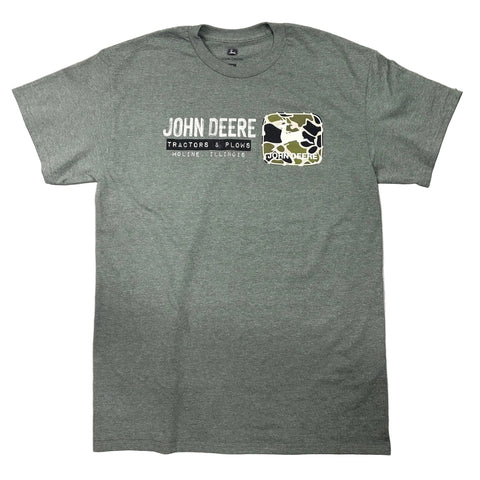 Flat lay of the front side of the olive green John Deere t-shirt. 