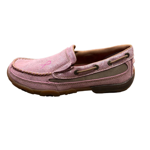 Full side view of pink Twisted X Moccasins. 