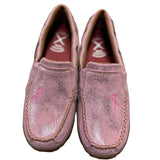 Top side view of both pink Twisted X moccasins. 