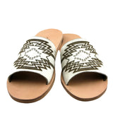Leather Slide with White Hide and Branded Aztec print