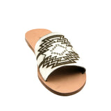 Leather Slide with White hide and branded aztec print
