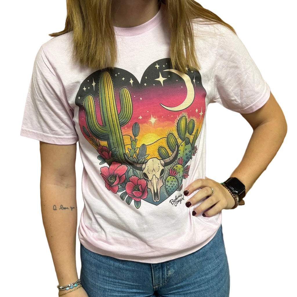 Front side view of Pink Desert Heart Tee