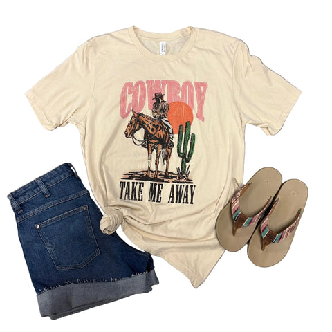 Flat lay of the cream cowboy take me away tee