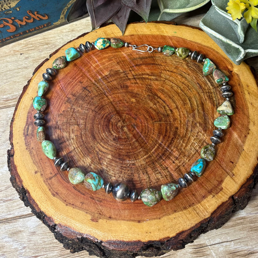 Full view of "Tommie" Green Green Turquoise & Navajo Pearl Necklace 