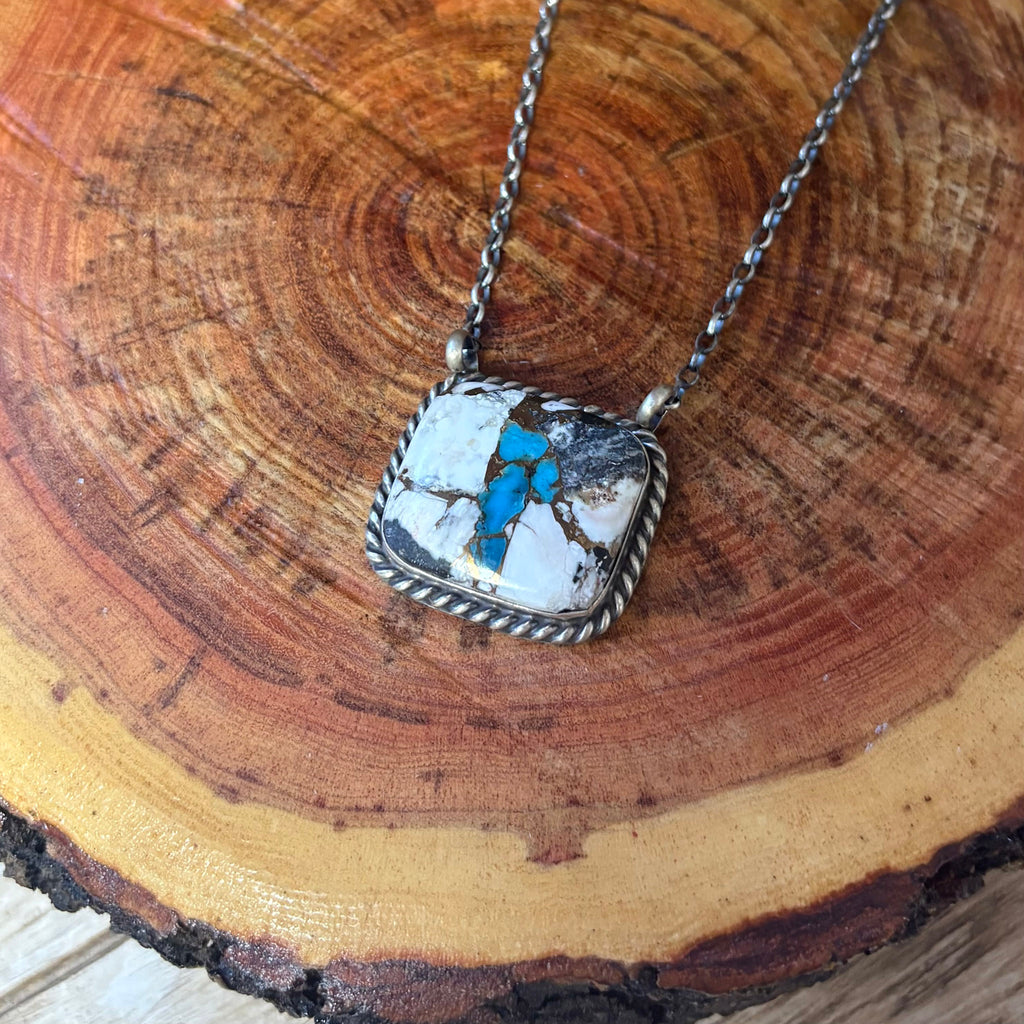 Close up view of the "Augusta" White Buffalo & Turquoise Square Necklace 