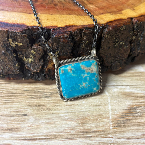 Close up view of the "Augustine" Kingman Turquoise Square Necklace 