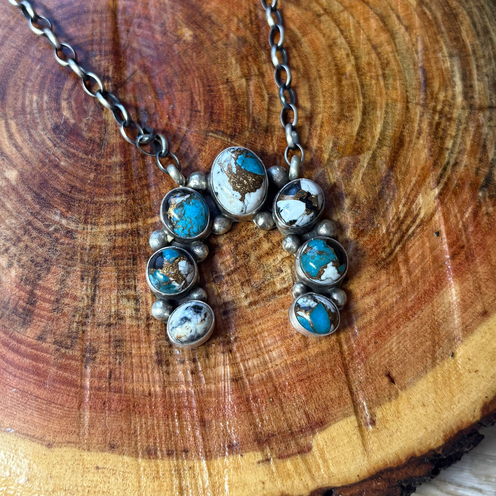 Close up view of the "August" Largo White Buffalo & Turquoise Squash Necklace 