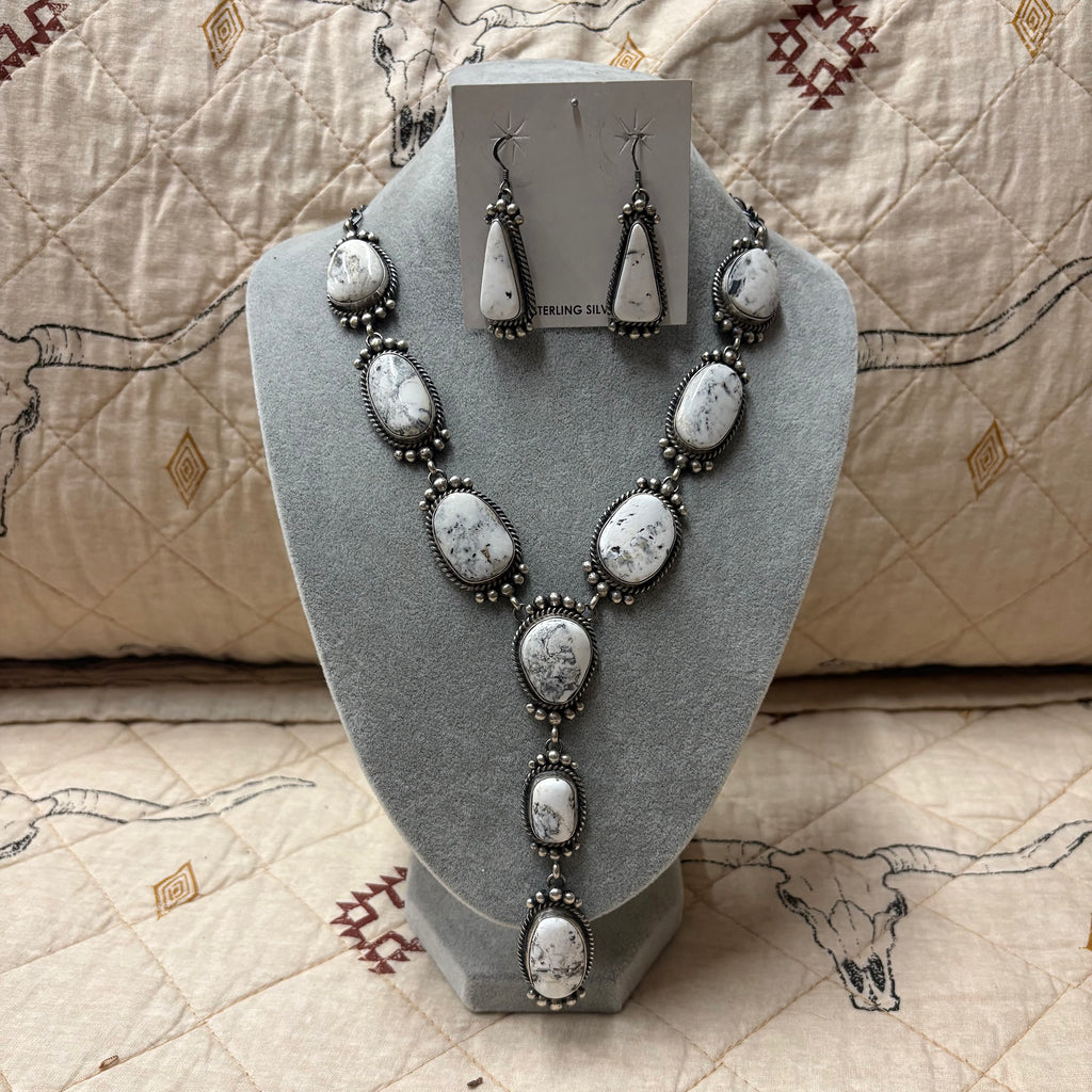 Close up view of the "Aemma" White Buffalo Necklace & Earrings Set 