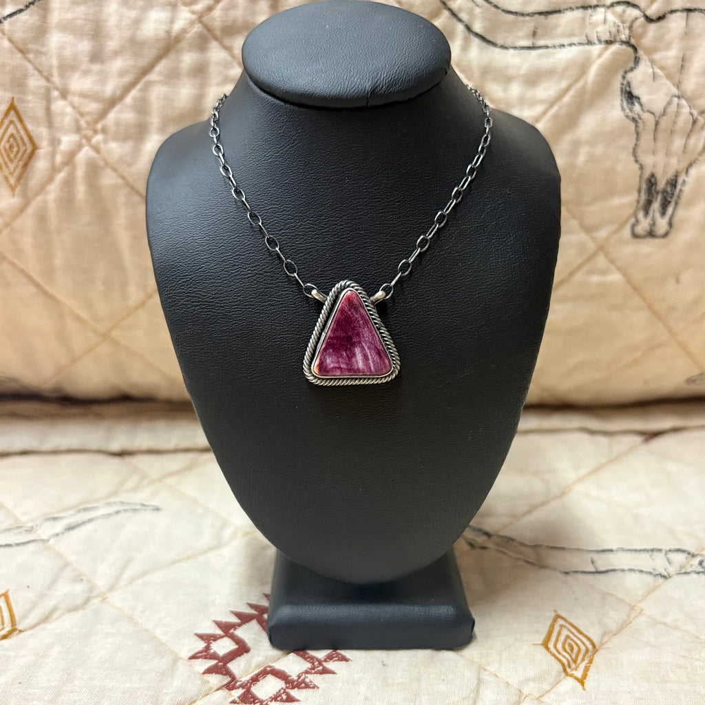 Close up view of "Elsbeth" Purple Spiny Oyster Triangle Necklace 
