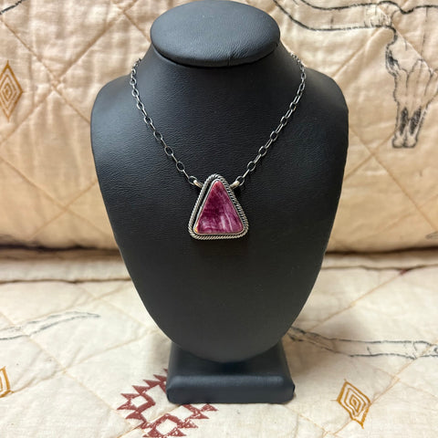 Close up view of "Elsbeth" Purple Spiny Oyster Triangle Necklace 