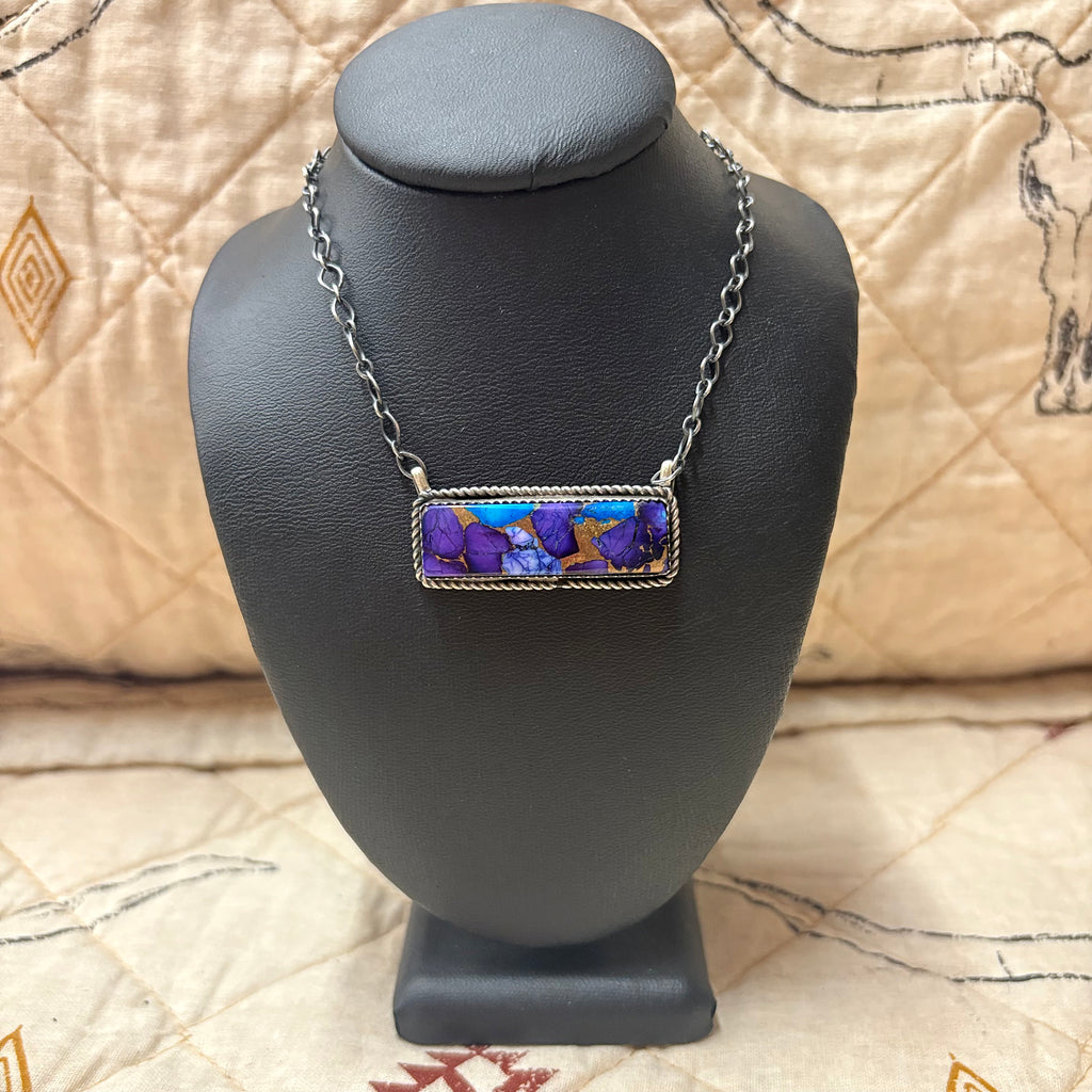 Close up view of "Eddie" Blue & Purple Dahlia Bar Necklace 