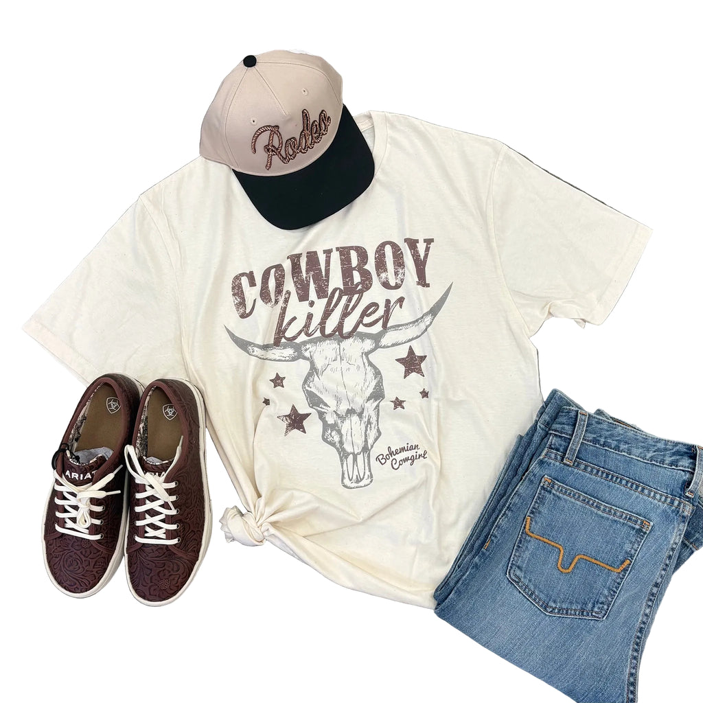 Flat lay of the Cream Cowboy Killer Skull Tee