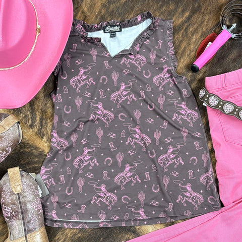 Flat lay of Girl's Brown & Pink Western Ruffle Tank