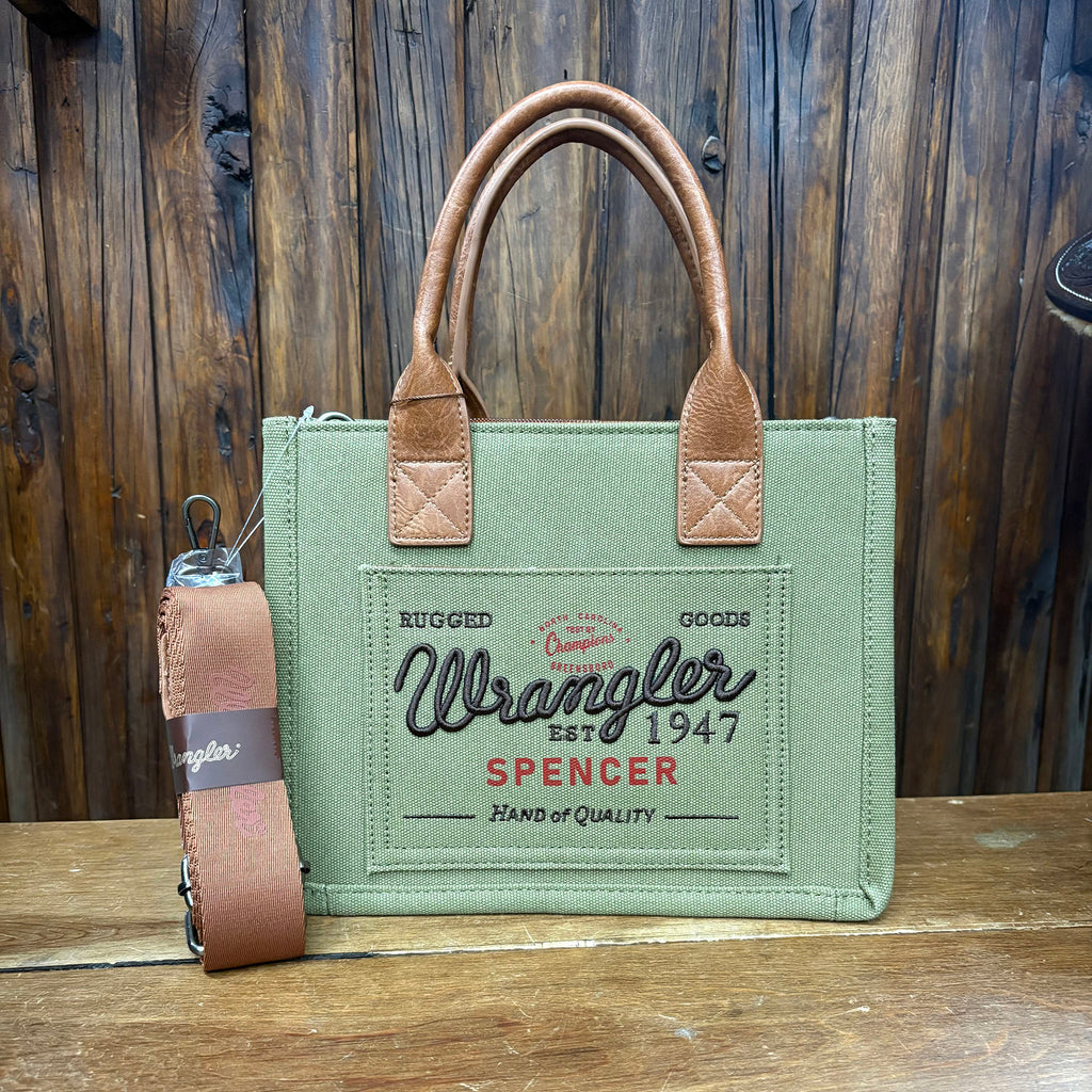 Front view of Wrangler Green Vintage Canvas Crossbody Tote Bag 