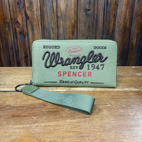 Front view of Wrangler Green Vintage Canvas Zipper Wallet