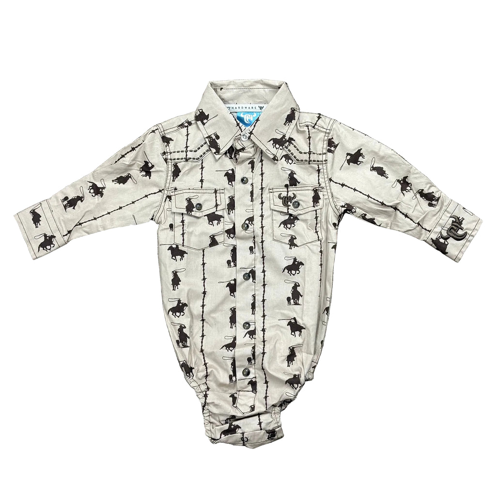 Front side view of Infant Tan Rider Long Sleeve Onesie