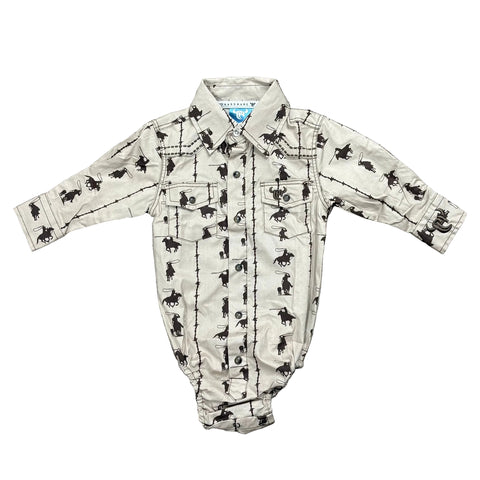 Front side view of Infant Tan Rider Long Sleeve Onesie