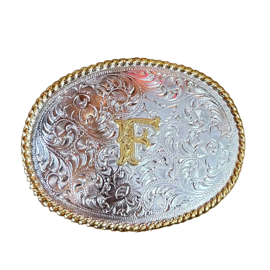 Front view of small F belt buckle.