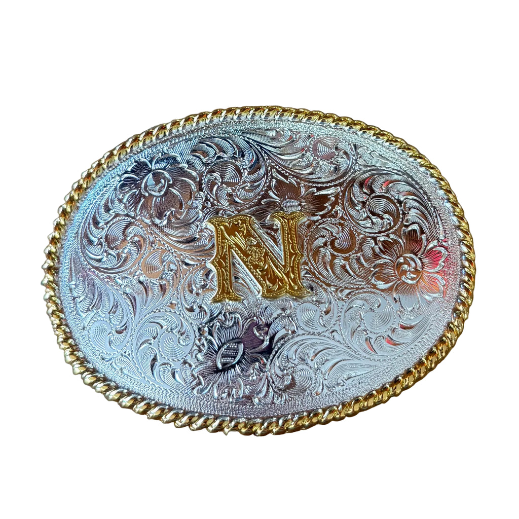 Front view of small N belt buckle.