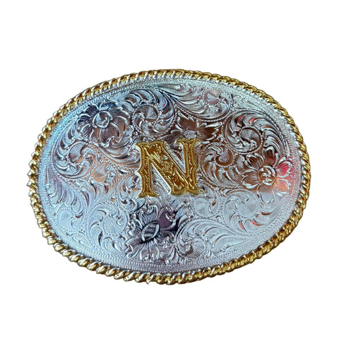 Front view of small N belt buckle.