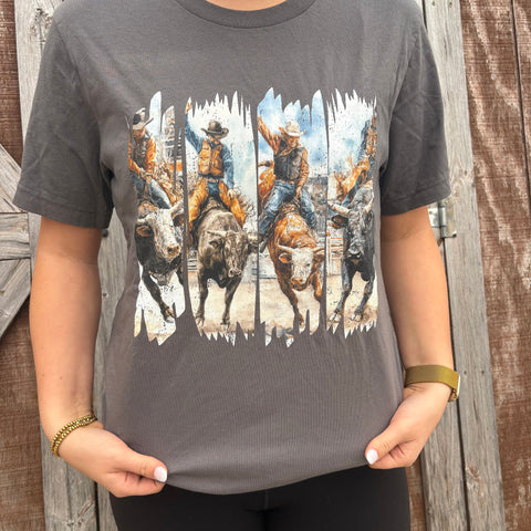 Front side view of Gray Split Frame Tee