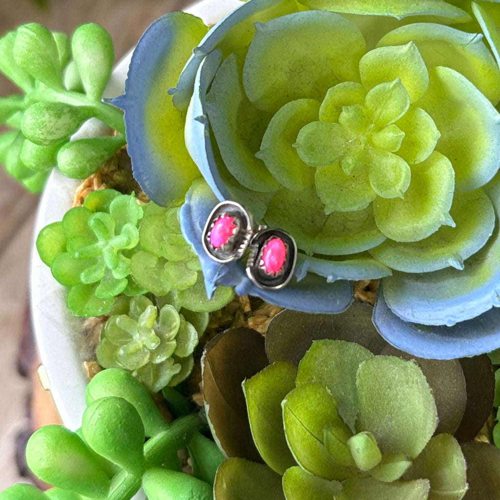 Close up view of the "Taffy" Small Pink Stone Dot Studs 