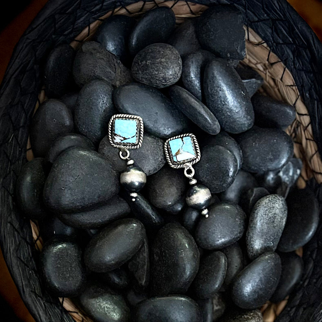 Close up view of the "Dooley" Cotton Candy Square & Navajo pearl Earrings 